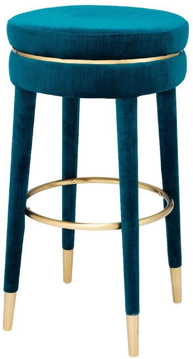 Casa Padrino Luxus Barhocker Blau / Messing Ø 41 x H. 78 cm - Runder Samt Hocker - Luxus Möbel
