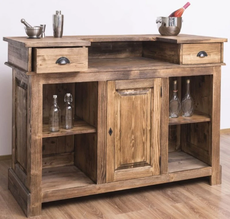Casa Padrino Landhausstil Theke Braun 150 x 65 x H. 107 cm - Massivholz Thekentisch mit Tür und 2 Schubladen - Barmöbel im Landhausstil