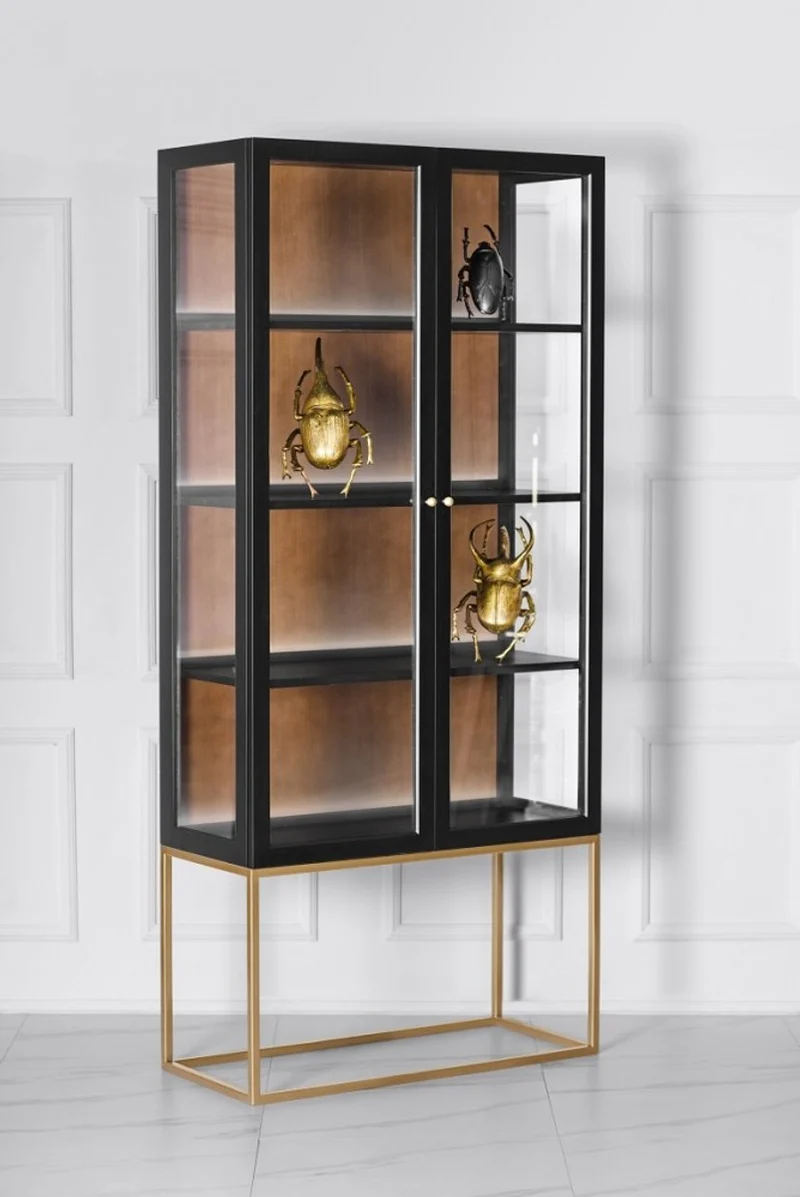 Casa Padrino Luxus Glas Vitrine Schwarz / Messing Gold 200 x 90 cm - Luxus Boutique Vitrinenschrank - Neoklassisch