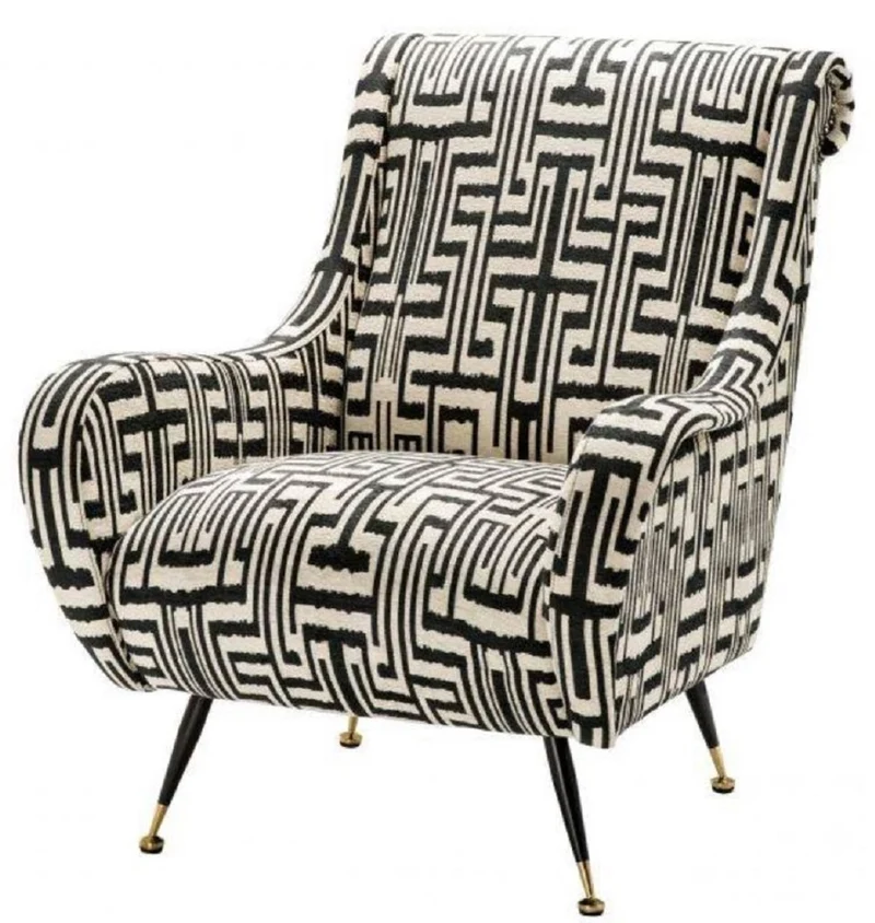 Casa Padrino Luxus Sessel Schwarz / Weiß / Messingfarben 80 x 90 x H. 88 cm - Wohnzimmer Sessel - Wohnzimmermöbel