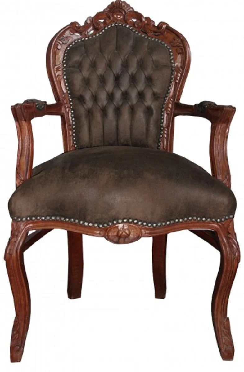 Casa Padrino Barock Esszimmer Set Braun / Braun Lederoptik 53 x 57 x H. 108 cm - 6 handgefertigte Esszimmerstühle mit Armlehnen - Barockmöbel