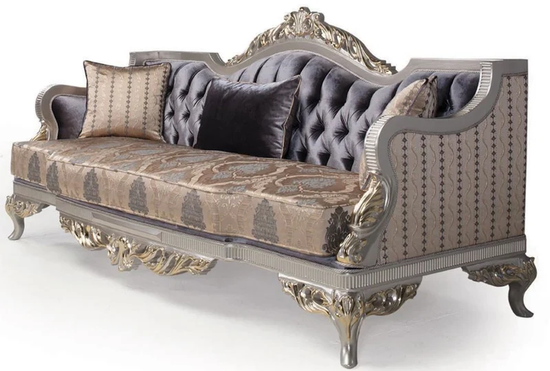 Casa Padrino Luxus Barock Wohnzimmer Sofa mit Kissen Lila / Beige / Silber / Gold 228 x 93 x H. 108 cm - Barockmöbel