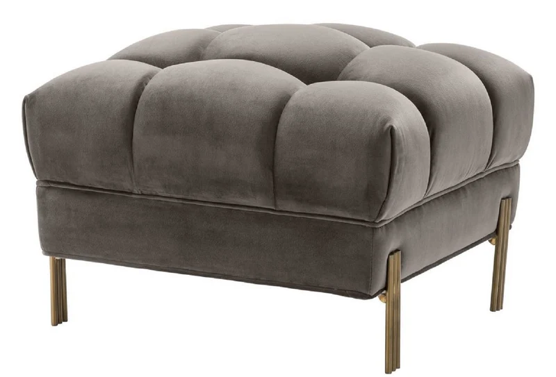 Casa Padrino Luxus Fußhocker Grau / Messingfarben 59 x 59 x H. 43 cm - Samt Hocker mit Edelstahl Beinen - Wohnzimmer Möbel