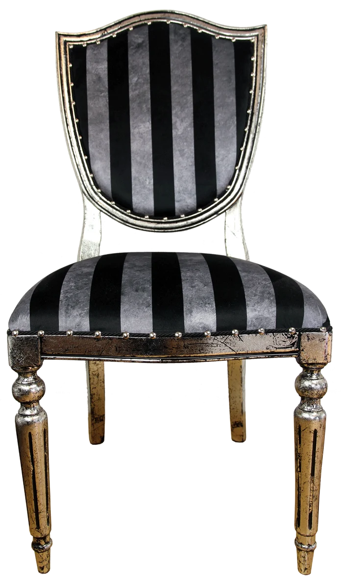 Casa Padrino Art Deco Luxus Esszimmer Stuhl Schwarz Silber Streifen / Antik Stil Silber 52,5 x 59 x H. 104 cm - Luxus Hotel Möbel