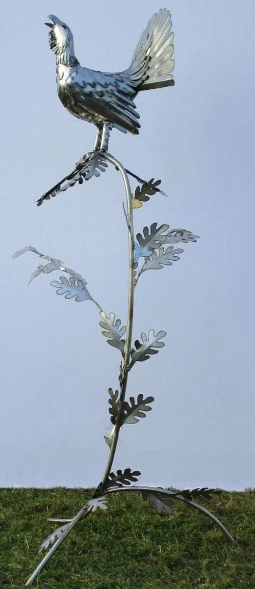 Casa Padrino Gartendeko Skulptur Hahn auf Ast Silber 87 x 70 x H. 160 cm - Handgefertigte Edelstahl Gartenfigur - Garten Dekoration