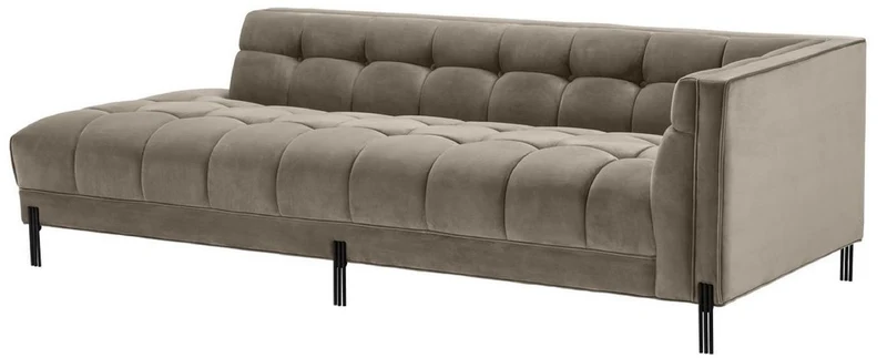 Casa Padrino Luxus Lounge Sofa Greige / Schwarz 223 x 95 x H. 68 cm - Rechtsseitiges Wohnzimmer Sofa mit edlem Samtsoff und 2 Kissen