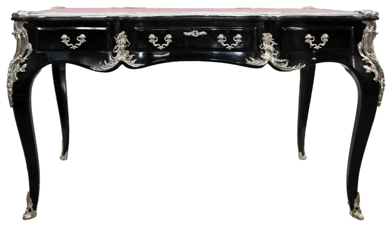 Casa Padrino Luxus Barock Schreibtisch mit 3 Schubladen und massiven Metallapplikation Schwarz / Silber / Bordeaux 141 x 65 x H. 80 cm - Barock Büromöbel Sekretär