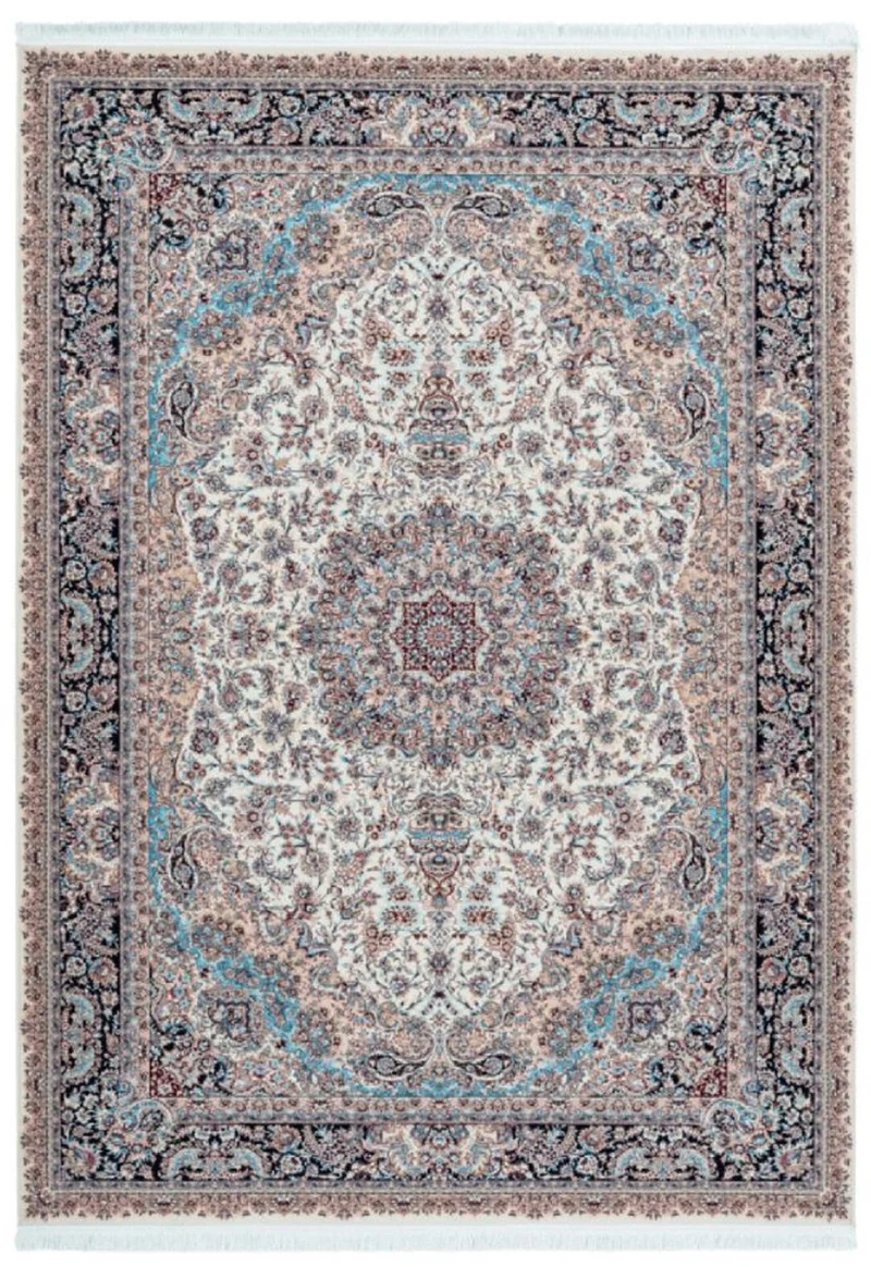 Casa Padrino Luxus Kunstfaser Teppich mit Fransen Elfenbeinfarben / Mehrfarbig - Verschiedene Größen - Rechteckiger Wohnzimmer Teppich im Orientalischen Stil