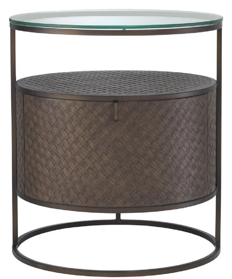 Casa Padrino Luxus Nachttisch Bronze Ø 50 x H. 56 cm - Runder Beistelltisch mit Schublade und Glasplatte - Luxus Schlafzimmermöbel