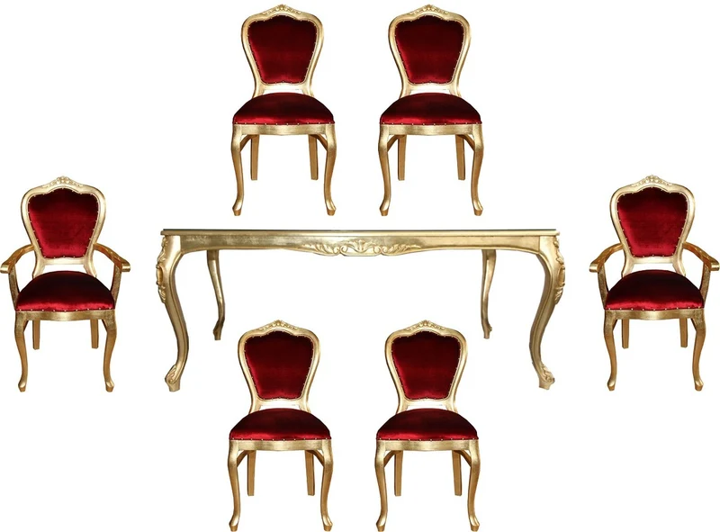 Casa Padrino Luxus Barock Esszimmer Set Bordeauxrot / Gold - 1 Esstisch mit Glasplatte und 6 Stühle - Barock Esszimmermöbel - Made in Italy - Luxury Collection