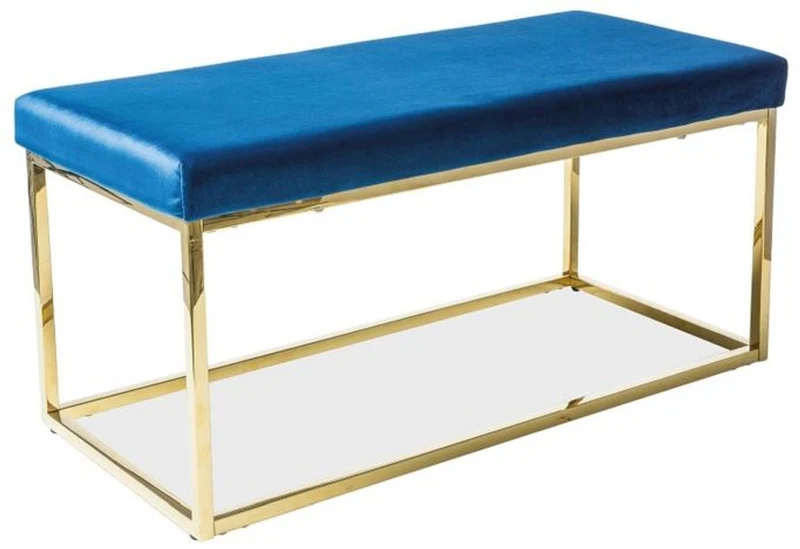 Casa Padrino Luxus Sitzbank Blau / Gold 100 x 46 x H. 48 cm - Gepolsterte Samt Bank mit Edelstahl Gestell