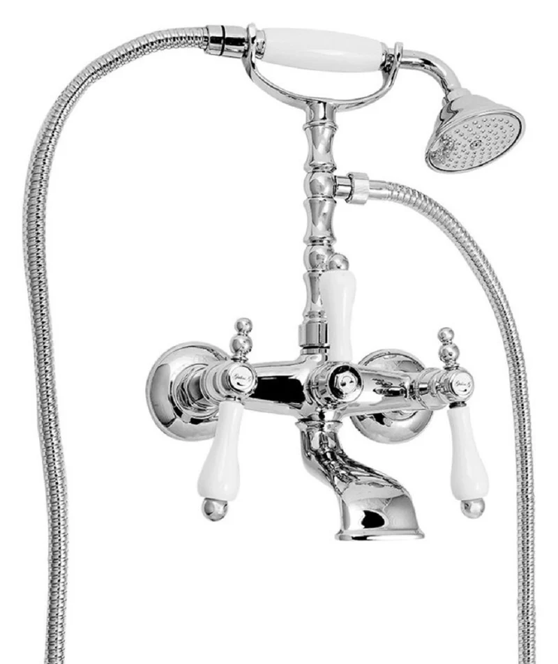 Casa Padrino Jugendstil Badewannen Armatur mit Brause Silber / Weiß H. 35,5 cm - Nostalgisches Bad Zubehör - Erstklassische Qualität
