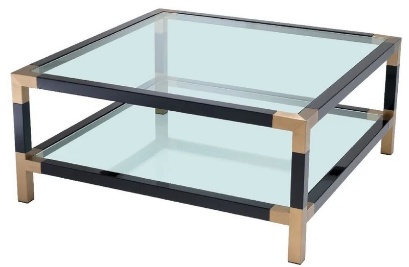 Casa Padrino Luxus Couchtisch Schwarz / Messing 100 x 100 x H. 45 cm - Wohnzimmertisch mit Glasplatten - Luxus Möbel