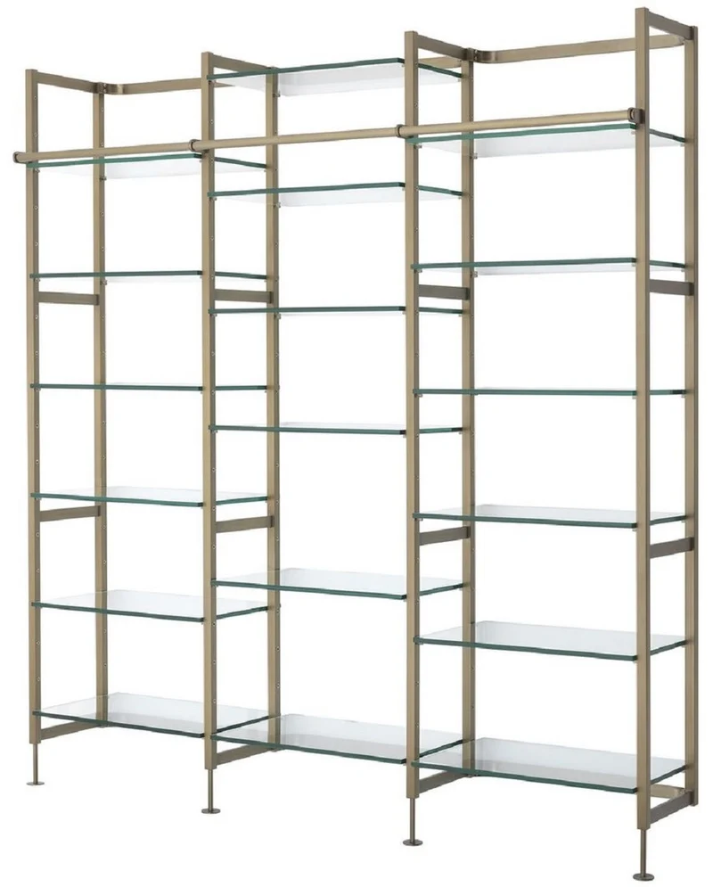 Casa Padrino Luxus Regalschrank Messingfarben 222,5 x 51 x H. 238 cm - Edelstahl Schrankwand mit 18 verstellbaren Glasregalen - Wohnzimmerschrank - Büroschrank - Luxus Möbel