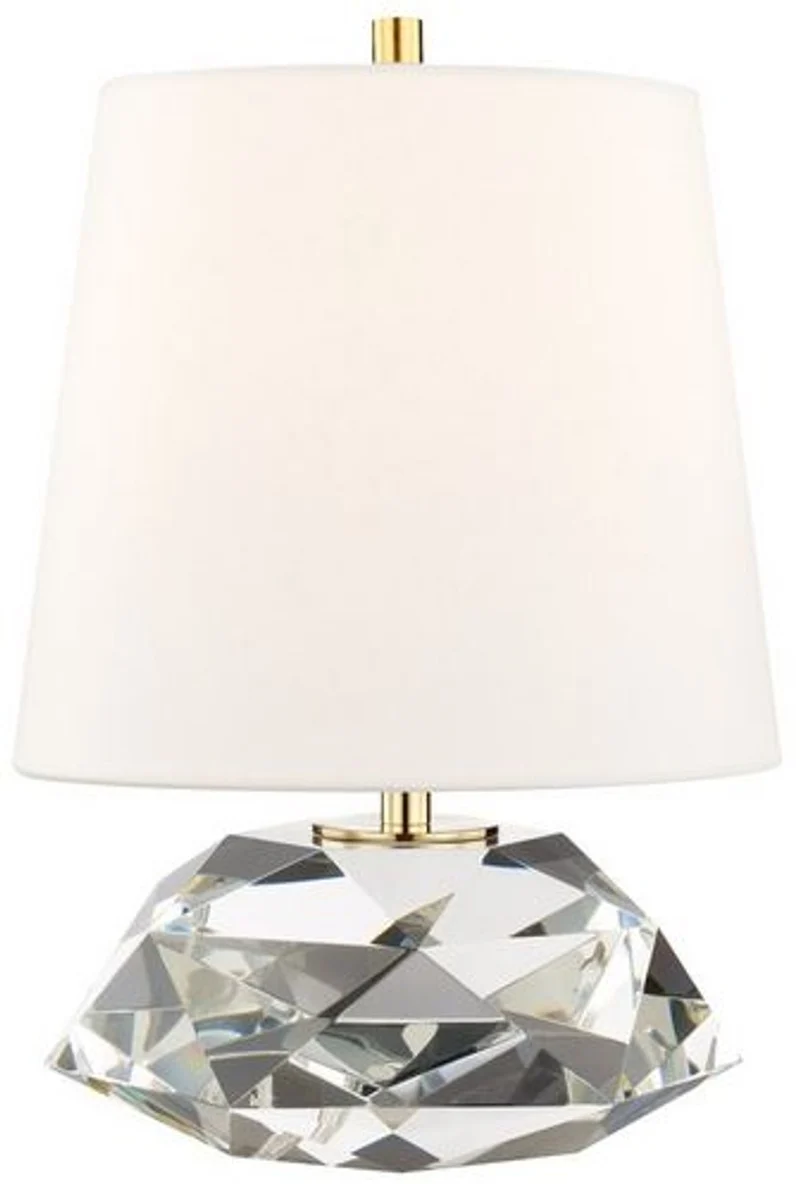 Casa Padrino Luxus Tischleuchte Antik Messing / Weiß Ø 24 x H. 35 cm - Elegante Tischlampe mit rundem Leinen Lampenschirm - Luxus Qualtät