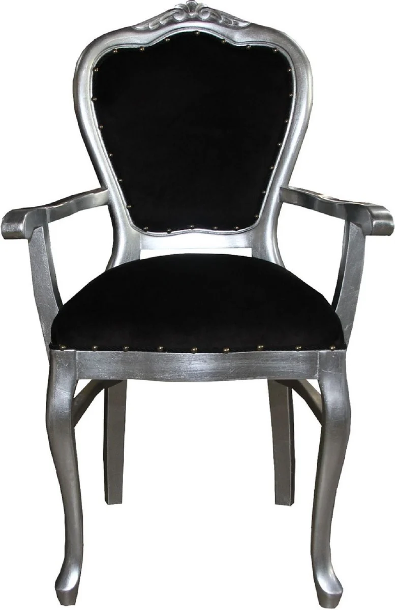 Casa Padrino Luxus Barock Esszimmer Set Schwarz / Silber - 1 Esstisch mit Glasplatte und 6 Stühle - Barock Esszimmermöbel - Made in Italy - Luxury Collection