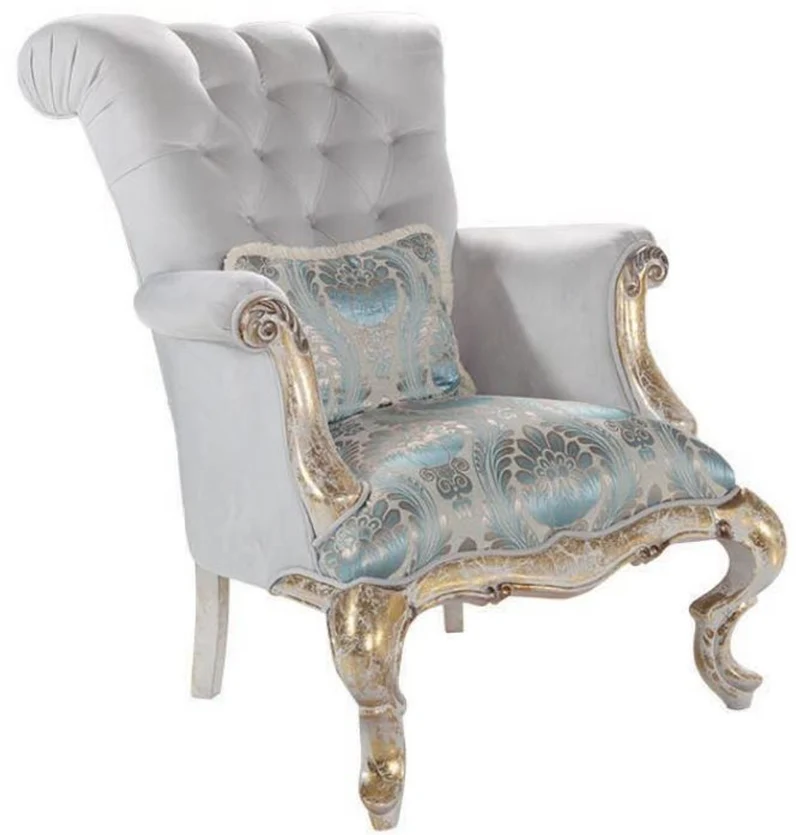 Casa Padrino Luxus Barock Samt Sessel mit Kissen Grau / Türkis / Antik Gold 82 x 100 x H. 105 cm - Wohnzimmer Möbel im Barockstil