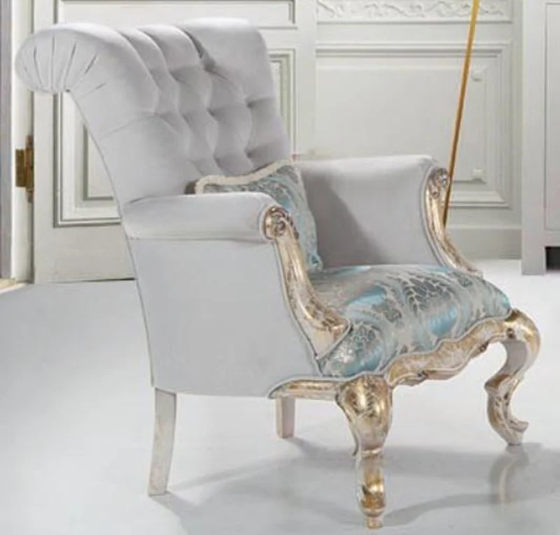 Casa Padrino Luxus Barock Samt Sessel mit Kissen Grau / Türkis / Antik Gold 82 x 100 x H. 105 cm - Wohnzimmer Möbel im Barockstil