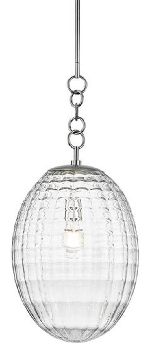 Casa Padrino Luxus Hängeleuchte Silber Ø 30,5 x H. 68,6 cm - Pendelleuchte mit eiförmigen Glas Lampenschirm - Wohnzimmer Lampe