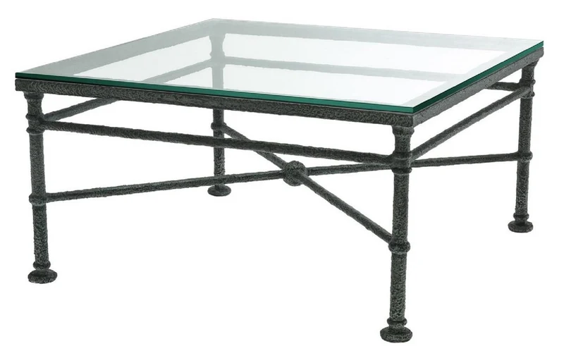 Casa Padrino Luxus Couchtisch Schwarz verwittert 85 x 85 x H. 44,5 cm - 4-eckiger Wohnzimmertisch mit Glasplatte - Luxus Wohnzimmer Möbel