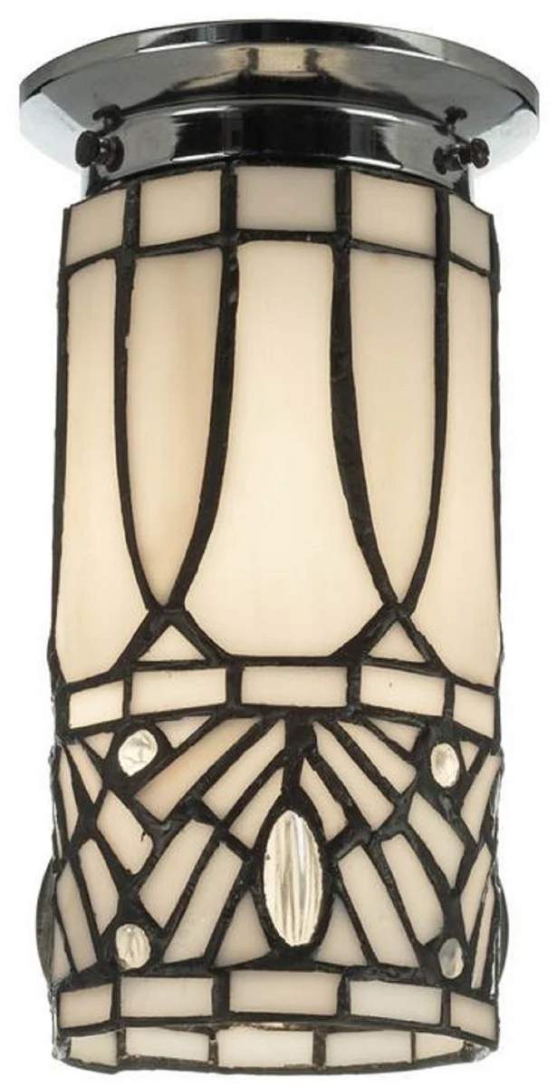 Casa Padrino Luxus Tiffany Deckenleuchte Weiß / Schwarz / Silber Ø 10 x H. 21 cm - Runde Deckenlampe - Deko Accessoires