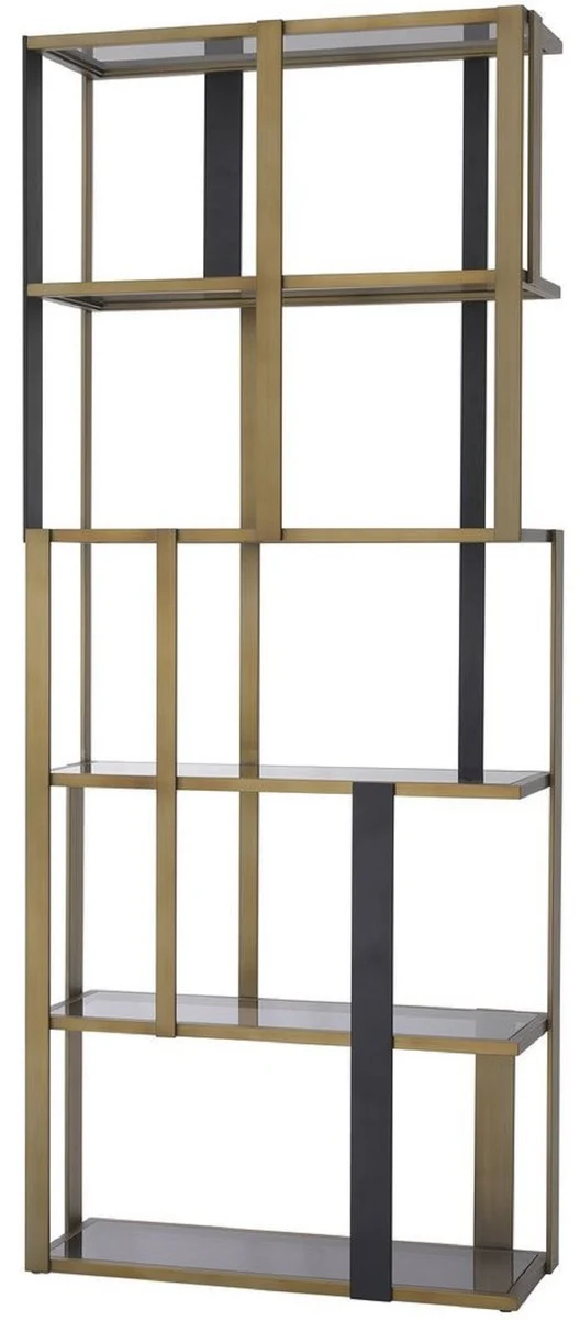 Casa Padrino Luxus Regalschrank Messing / Mattschwarz / Grau 100 x 37 x H. 240,5 cm - Edelstahl Schrank mit 5 Glasregalen - Wohnzimmerschrank - Büroschrank - Luxus Möbel