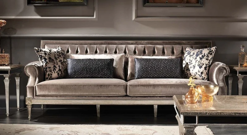 Casa Padrino Luxus Barock Wohnzimmer Samt Sofa Rosa / Antik Silber 250 x 88 x H. 100 cm - Edel & Prunkvoll