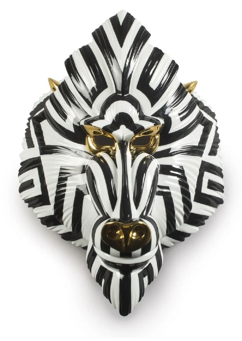 Casa Padrino Luxus Porzellan Deko Maske Pavian Affe Schwarz / Weiß / Gold 31 x 14 x H. 44 cm - Moderne handgefertigte Wanddeko - Erstklassische Qualität - Made in Spain