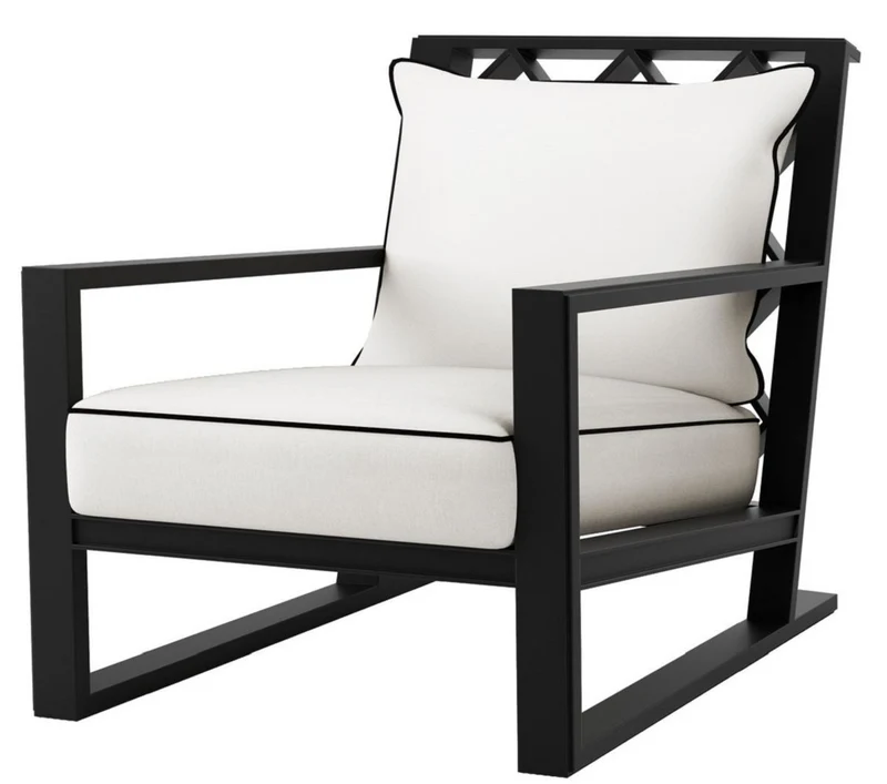 Casa Padrino Luxus Sessel mit Kissen Mattschwarz / Weiß 70 x 88 x H. 78 cm - Sessel aus hochwertigen strapazierbarem Aluminium - Wohnzimmermöbel - Gartenmöbel - Gastronomie Möbel