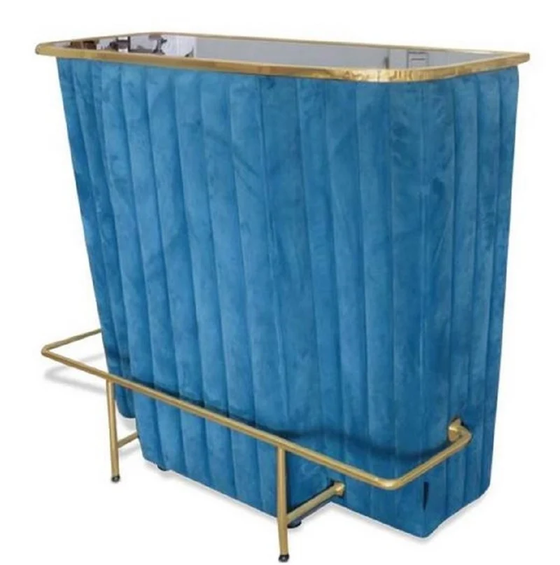 Casa Padrino Luxus Bartresen Blau / Gold 120 x 48 x H. 105 cm - Theke mit Glassplatte und Fußablage - Barschrank - Barmöbel - Luxus Qualität