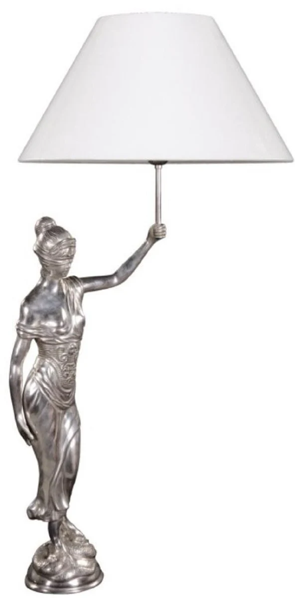 Casa Padrino Tischleuchte mit Bronzefigur Justitia Silber / Weiß 55 x 48 x H. 105 cm - Hotel & Restaurant Tischlampe