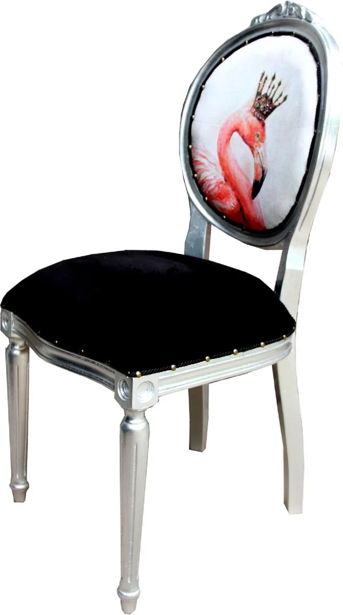 Casa Padrino Luxus Barock Esszimmer Set Flamingo mit Krone Schwarz / Mehrfarbig / Silber 48 x 50 x H. 98 cm - 6 handgefertigte Esszimmerstühle mit Bling Bling Glitzersteinen - Barock Esszimmermöbel