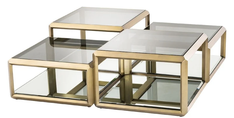 Casa Padrino Luxus Couchtisch Messingfarben 75 x 75 x H. 48 cm - Edelstahl Wohnzimmertisch mit Glasplatten und Spiegelglas - Luxus Wohnzimmer Möbel