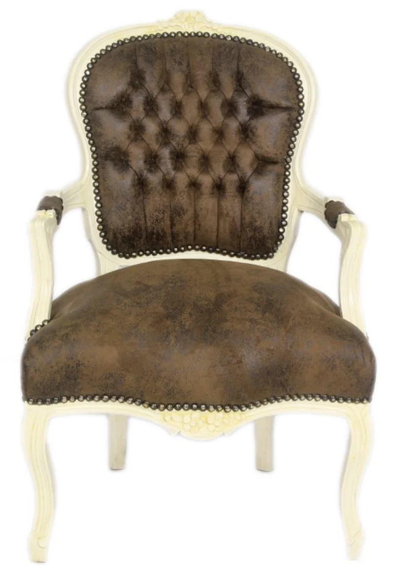 Casa Padrino Barock Salon Stuhl Set Braun / Creme 60 x 50 x H. 93 cm - 6 handgefertigte Salon Stühle mit Lederoptik - Barockmöbel