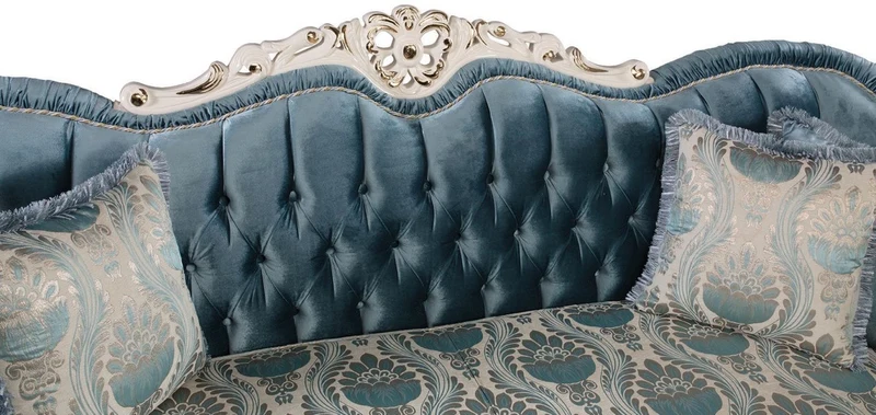 Casa Padrino Luxus Barock Wohnzimmer Sofa mit Kissen Blau / Weiß / Gold 240 x 87 x H. 99 cm - Barock Möbel - Edel & Prunkvoll