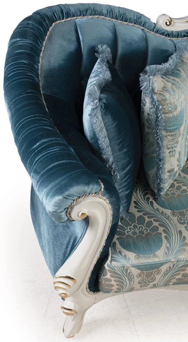Casa Padrino Luxus Barock Wohnzimmer Sofa mit Kissen Blau / Weiß / Gold 240 x 87 x H. 99 cm - Barock Möbel - Edel & Prunkvoll