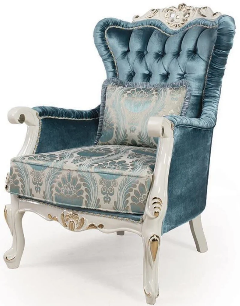 Casa Padrino Luxus Barock Wohnzimmer Sessel mit Kissen Blau / Weiß / Gold 87 x 76 x H. 115 cm - Barock Möbel - Edel & Prunkvoll