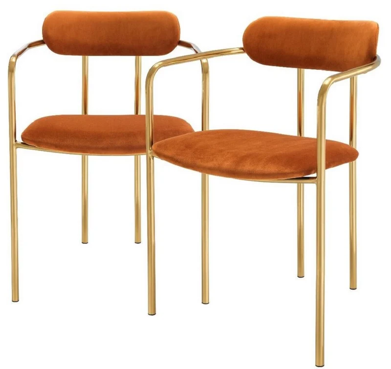 Casa Padrino Luxus Esszimmerstühle mit Armlehnen Orange / Gold 53 x 50 x H. 74 cm - Küchenstühle mit edlem Samtstoff - Esszimmer Set - Esszimmer Möbel