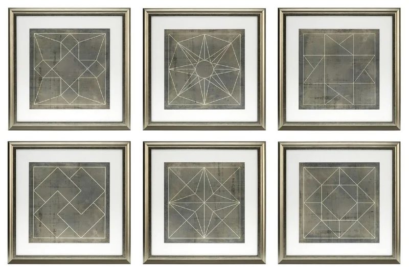 Casa Padrino Blaupausen Set geometrische Formen Grau / Gold 57 x H. 57 cm - Luxus Bilder mit Holzrahmen - Wanddeko