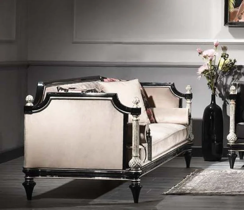 Casa Padrino Luxus Barock Samt Sofa Beige / Schwarz / Silber / Antik Gold 250 x 95 x H. 80 cm - Prunkvolles Wohnzimmer Sofa im Barockstil