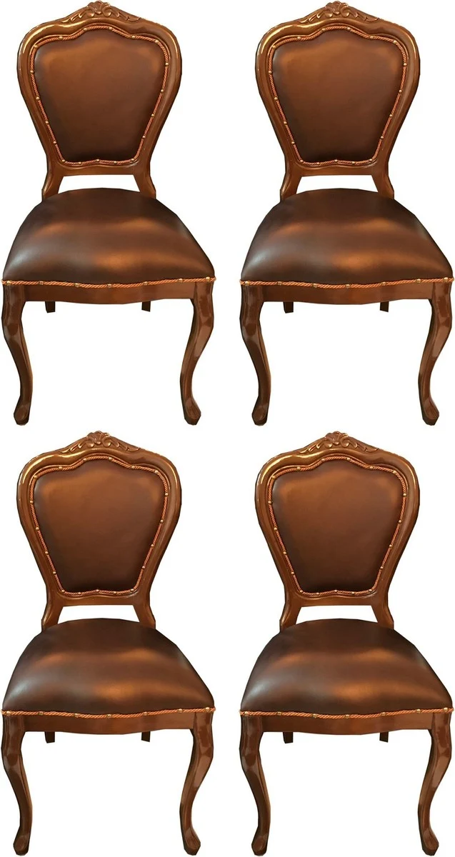 Casa Padrino Luxus Barock Esszimmer Set Braun / Braun 45 x 47 x H. 99 cm - 4 handgefertigte Massivholz Esszimmerstühle mit Echtleder - Barock Esszimmermöbel