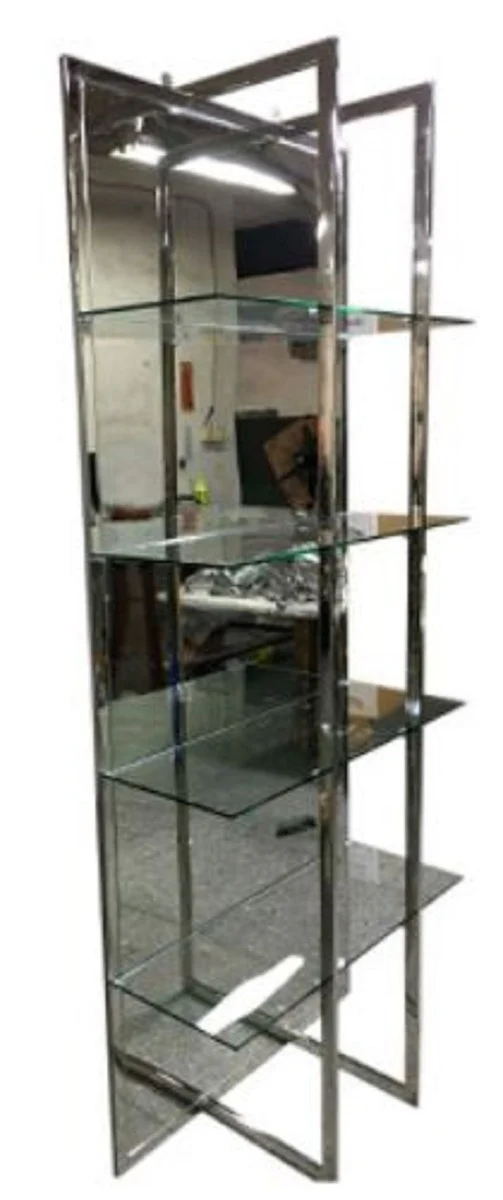 Casa Padrino Luxus Regalschrank Silber 80 x 35 x H. 200 cm - Edelstahl Schrank mit 4 Glasregalen und großem Spiegel - Wohnzimmerschrank - Wohnzimmermöbel