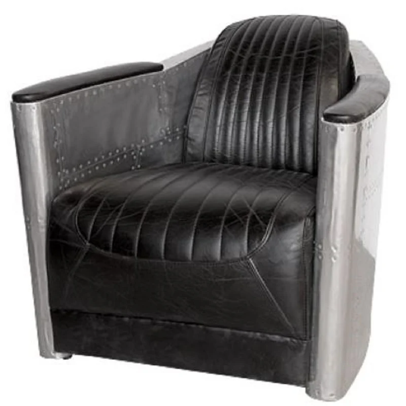 Casa Padrino Art Deco Aluminium Echtleder Sessel Schwarz / Silber 74,5 x 94 x H. 78 cm - Club Sessel - Lounge Sessel - Flugzeug Flieger Möbel