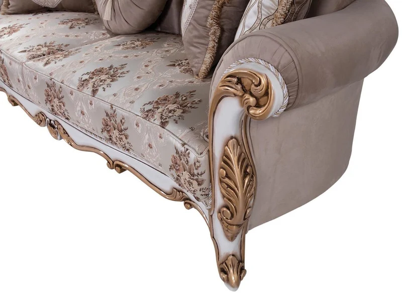 Casa Padrino Luxus Barock Sofa mit Kissen Grau / Mehrfarbig / Weiß / Bronze 232 x 87 x H. 101 cm - Wohnzimmer Couch mit Blumenmuster und wunderschönen Verzierungen