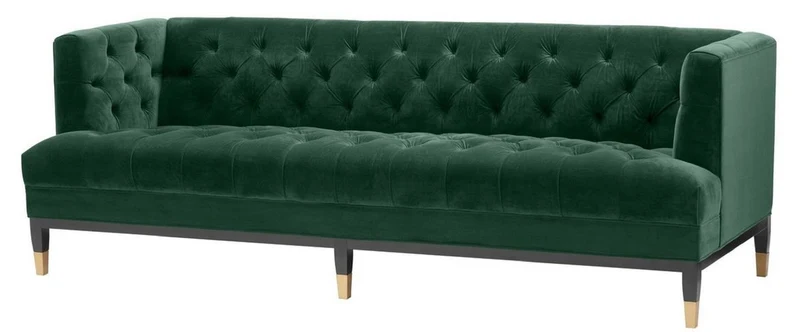 Casa Padrino Luxus Wohnzimmer Sofa Grün / Schwarz / Messingfarben 230 x 85 x H. 79 cm - Chesterfield Samtsofa