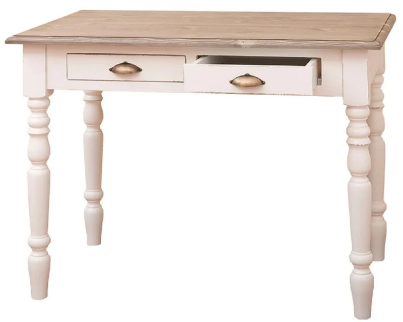Casa Padrino Landhausstil Schreibtisch mit 2 Schubladen Antik Weiß / Naturfarben / Antik Messing 109 x 60 x H. 79 cm - Landhausstil Büromöbel