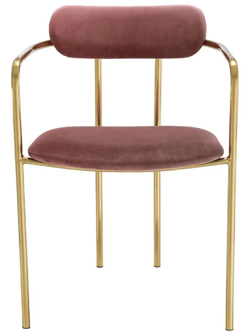 Casa Padrino Luxus Esszimmerstühle mit Armlehnen Rosa / Gold 53 x 50 x H. 74 cm - Küchenstühle mit edlem Samtstoff - Esszimmer Set - Esszimmer Möbel