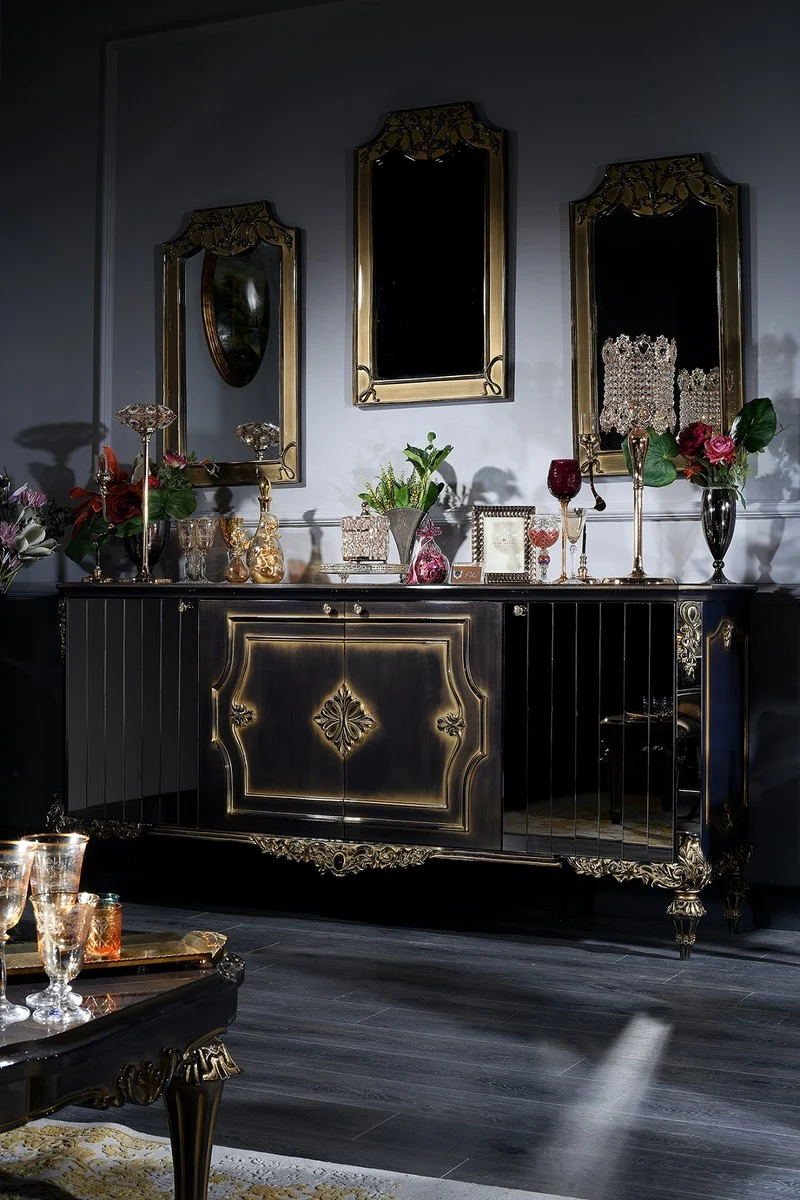Casa Padrino Luxus Barock Wohnzimmer & Esszimmer Set Blau / Schwarz / Gold - Barockmöbel