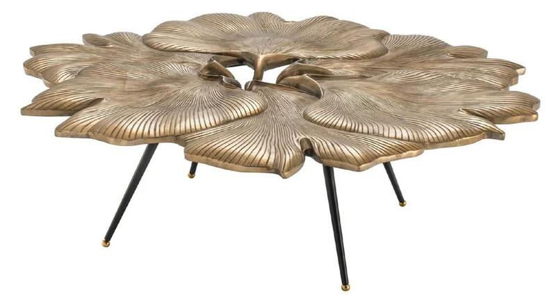 Casa Padrino Designer Couchtisch Vintage Messingfarben / Schwarz / Gold 98 x 92 x H. 29 cm - Wohnzimmertisch im Ginkgoblätter Design - Luxus Qualität