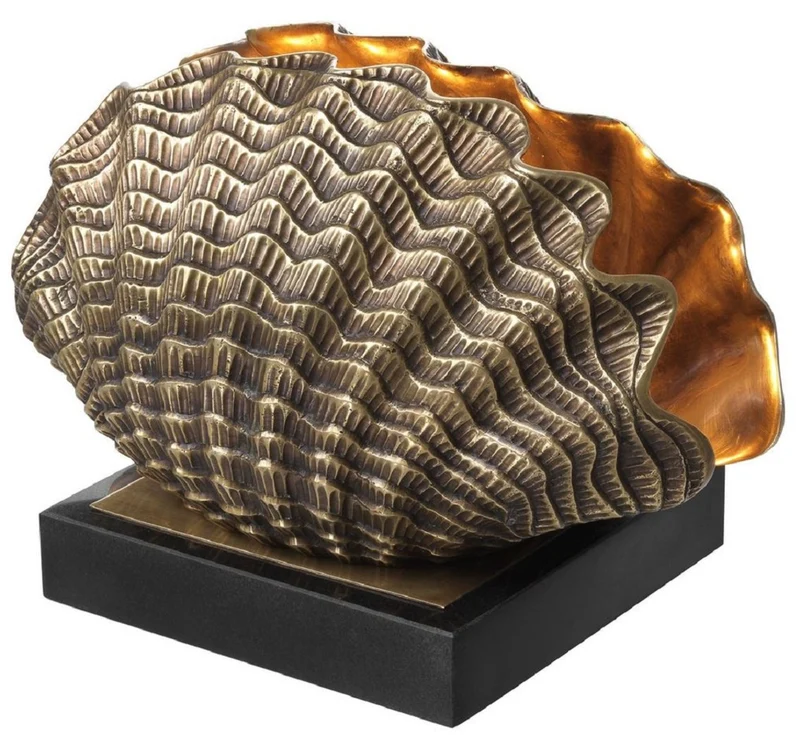 Casa Padrino Luxus Tischleuchte in Muschelform Vintage Messing / Schwarz 33 x 21 x H. 22 cm - Tischlampe mit Granitsockel